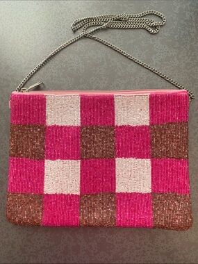 Beaded Checkerboard Pink & white and bronze gold Crossbody Clutch with chain.